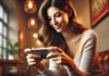 Девушка играет на телефоне в игру